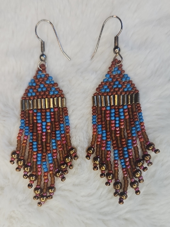 Jewelry - Beaded Fringe Earrings - Blue, Red &Brown
